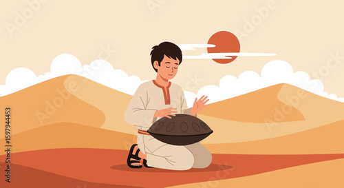 Man Plays Hang Drum in a Desert Serene Musical Journey Depiction