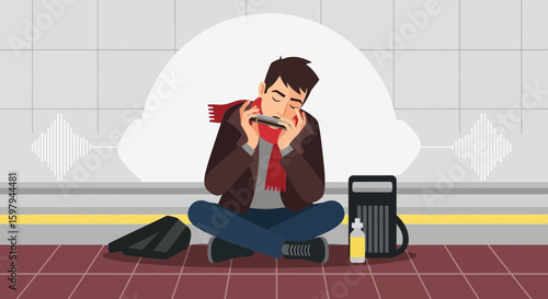 Man Plays Harmonica At Subway For Money Vector Illustration Graphic Resources