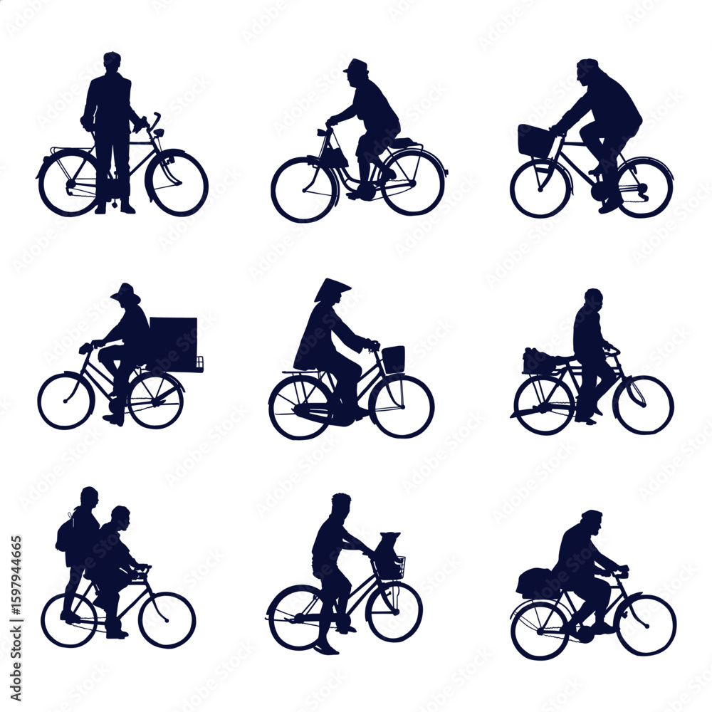 Obraz premium Hand drawn man riding bicycle silhouette set