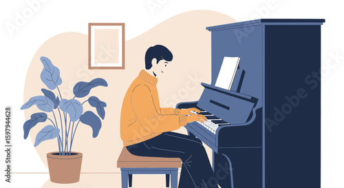 Man Plays Piano in Living Room With Plant And Wall Frame Decoration
