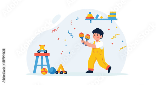 Enthusiastic Child Playing Maracas With Toys On A Colorful Playroom