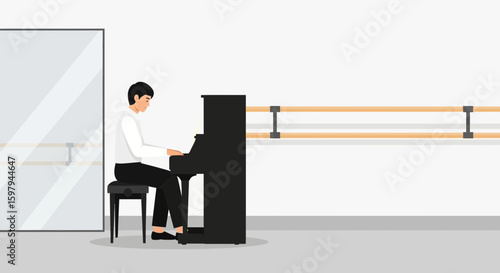 Man Plays Piano In Music Room Near Barre And Mirror Cartoon Scene