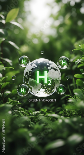 Green Hydrogen Molecule Earth Globe Bubbles Lush Green Foliage