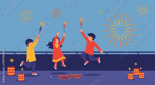 Joyful Celebration Children Enjoying Sparklers And Fireworks On Festive Season