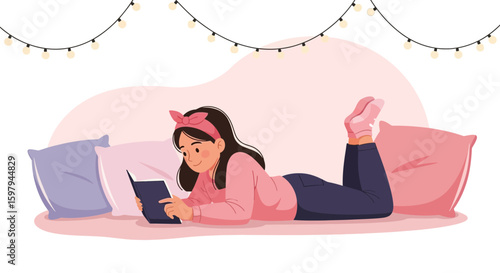 Girl Enjoying Reading With Cozy Atmosphere Underneath String Lights Illustration