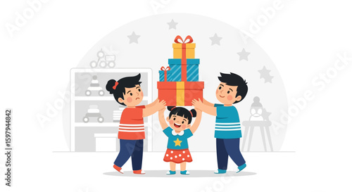 Joyful Celebration Children Sharing Holiday Gifts In Festive Setting Decoration