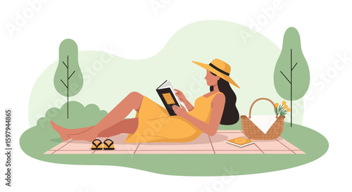 Girl Enjoying Summer Reading Book At Park Outdoor Lifestyle Relaxation Concept