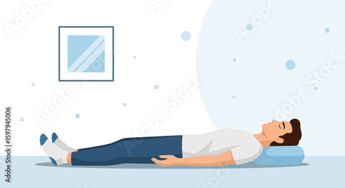 Man Practicing Mindfulness Lying On Back For Meditation Or Relaxation Time