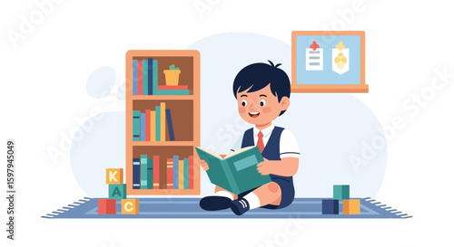 Enthusiastic Pupil Immersed In An Engaging Book While Surrounded By Educational Toys