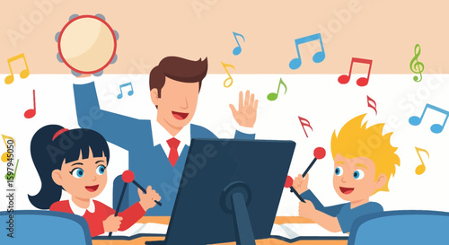Enthusiastic Music Teacher Guiding Young Students In A Classroom Music Lesson