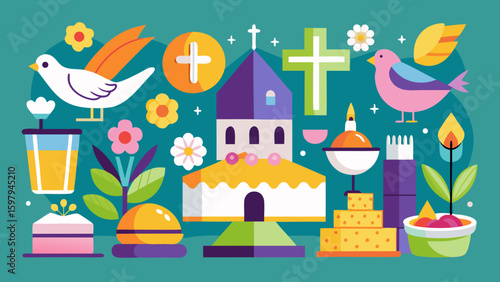 Celebratory religious theme featuring a church, birds, flowers, and various decorative objects and foods