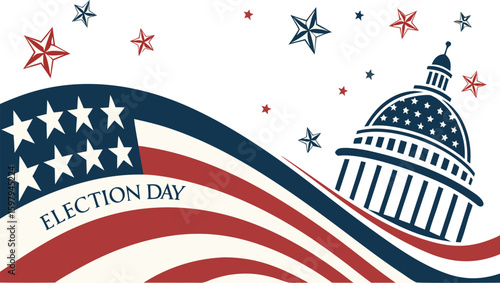 Election Day Illustration: An eye-catching illustration, celebrating Election Day, with symbolic elements such as stars, stripes, and a capital building.