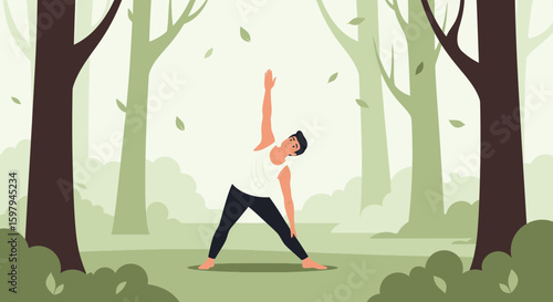 Man Practicing Triangle Pose In Nature Scene Illustration For Wellness Concept