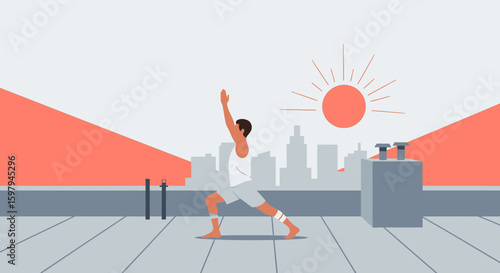 Man Practicing Yoga On Rooftop With Cityscape Background During Sunrise Calm Workout