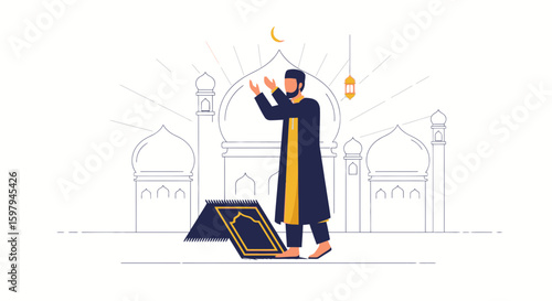 Man Praying In Front Of The Mosque During Holy Month Of Ramadan