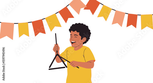 Joyful Celebration Musicality Boy With Triangle And Festive Pennant Banner Decoration
