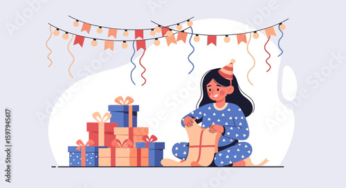 Girl Opening Birthday Presents In Her Pajamas At A Party Celebration
