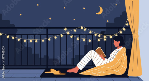 Evening Calm Reading A Book Under Warm Light On The Balcony Illustration