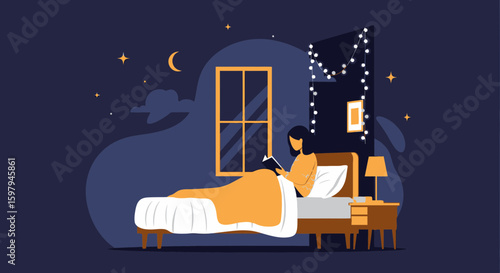 Evening Reading In Bed With Soft Lights And A Peaceful Atmosphere