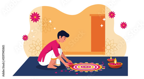Man Prepares Traditional Rangoli For Festive Celebration With Oil Lamps