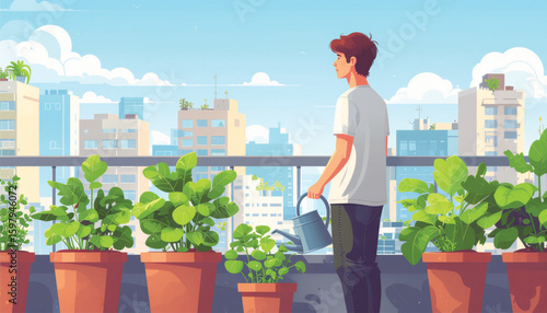 Man Watering Urban Balcony Garden: City Farming & Green Living