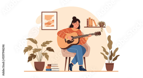 Girl Plays Guitar In Comfortable And Relaxing Environment Illustration