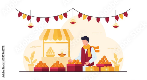Man Presenting Traditional Indian Sweets At Stall For Festive Celebrations