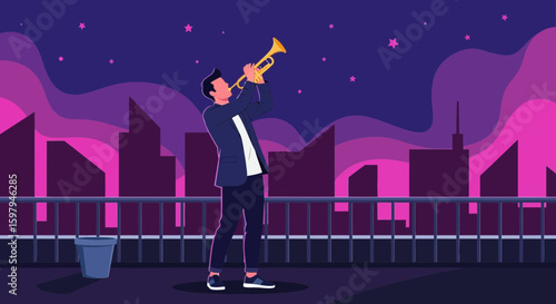 Evening Serenade Man Playing Trumpet On Rooftop With City Skyline View