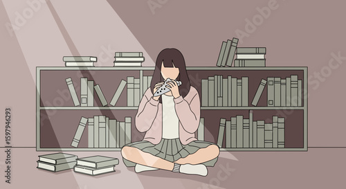 Girl Plays Ocarina Surrounded By Books For Artistic Expression And Serenity