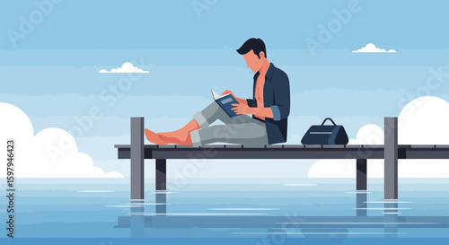 Man Reading A Book Sitting On Pier In Summer Enjoying Peace And Tranquility