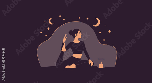 Evening Serenity Woman Practicing Yoga Under The Moon And Stars Minimalistic Illustration