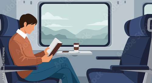 Man Reading Book And Enjoying View During A Train Journey Traveling