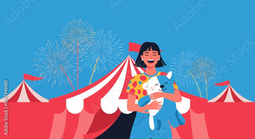 Joyful Celebration Under Big Top Woman Embracing Toy with Festive Fireworks