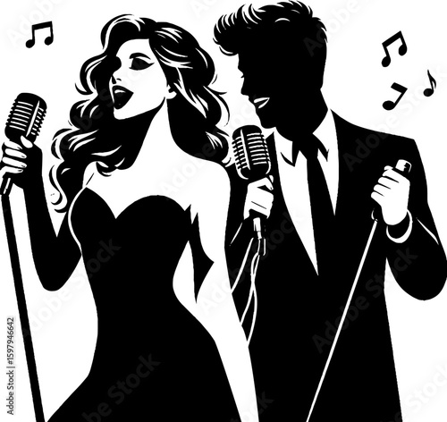 Duo singers performing on stage with vintage microphones, couple singing karaoke  