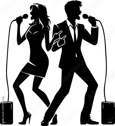 Silhouette of man and woman singing karaoke with microphones on stage  