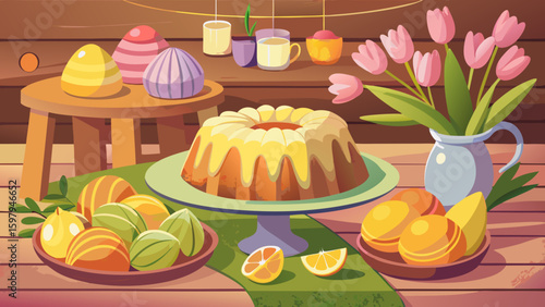 Festive easter still life with cake tulips and decorated eggs on a wooden table setting scene