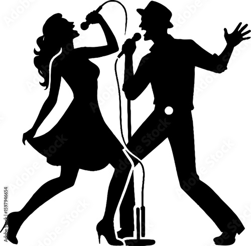 Silhouette of man and woman singing duet with microphones on stage,  couple singing karaoke 