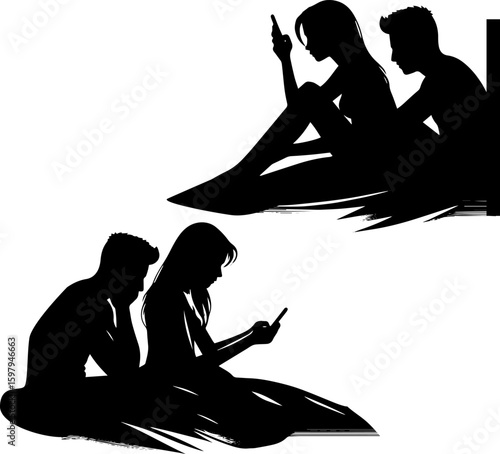 Silhouette of couple sitting apart and using smartphones at home ,  frustrated couple in bed  