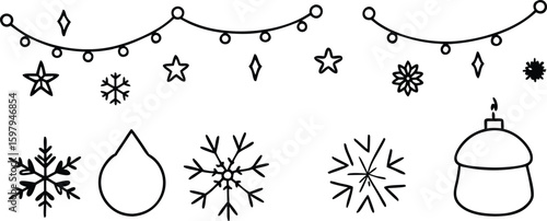 Vector art of a simple, handdrawn collection of christmas elements including string lights, snowflakes, stars, and festive ornaments isolated on transparent background.