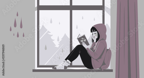 Girl Reading Book On Rainy Day Relaxing Near Window Enjoying The Quiet Indoors