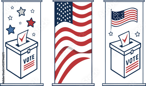 Democracy's Essence: A composition highlighting the symbolism of the American flag, ballot boxes, and the act of voting, symbolizing democratic principles and civic engagement.