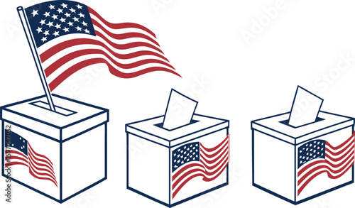 Voting Boxes with the US Flag: A patriotic scene depicting three ballot boxes, adorned with the American flag, as a symbol of democratic elections and civic participation.