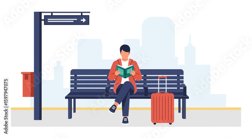 Man Reading Book While Waiting At A Station Travel Lifestyle Concept