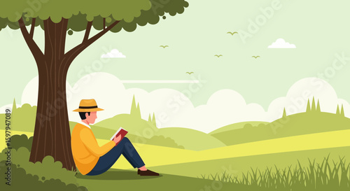 Man Reading Book Under Tree Enjoying Peaceful Nature Scenery In Summer
