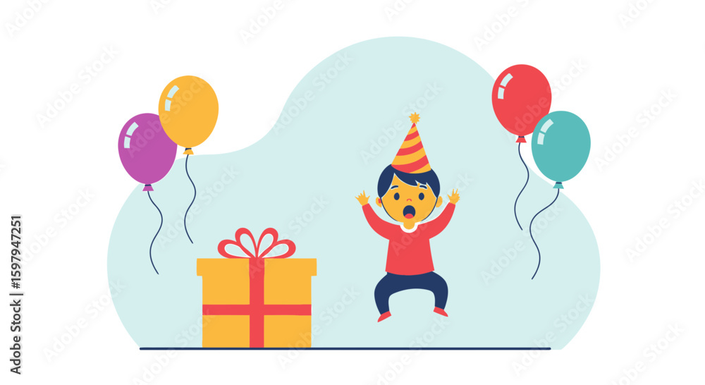 Naklejka premium Excited Boy Jumping With Joy At His Birthday Party Celebration Scene