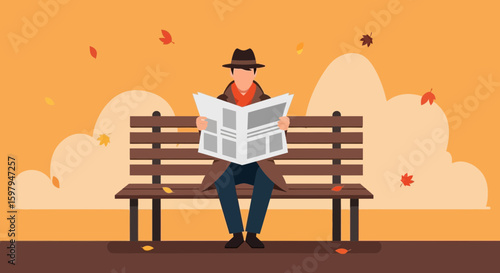 Man Reading Newspaper On Park Bench During Autumn In Flat Vector Style