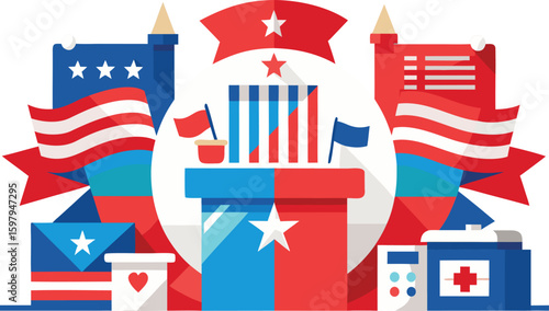 American Political Assembly: An abstract illustration capturing the essence of American democracy, showcasing key symbols.