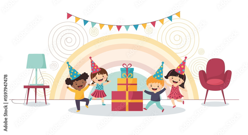 Naklejka premium Joyful Children Celebrating At Colorful Birthday Party With Gifts And Decorations