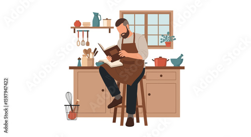 Man Reading Recipe Book While Sitting In The Kitchen Learning New Dishes