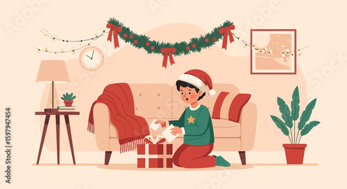 Excited Boy Opening Christmas Gift In Decorated Living Room Illustration